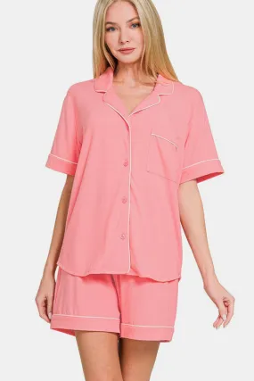 Zenana Button Down Short Sleeve Top and Shorts Lounge Set Pink