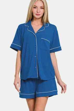 Zenana Classic Blue  Button Down Short Sleeve Top and Shorts Lounge Set