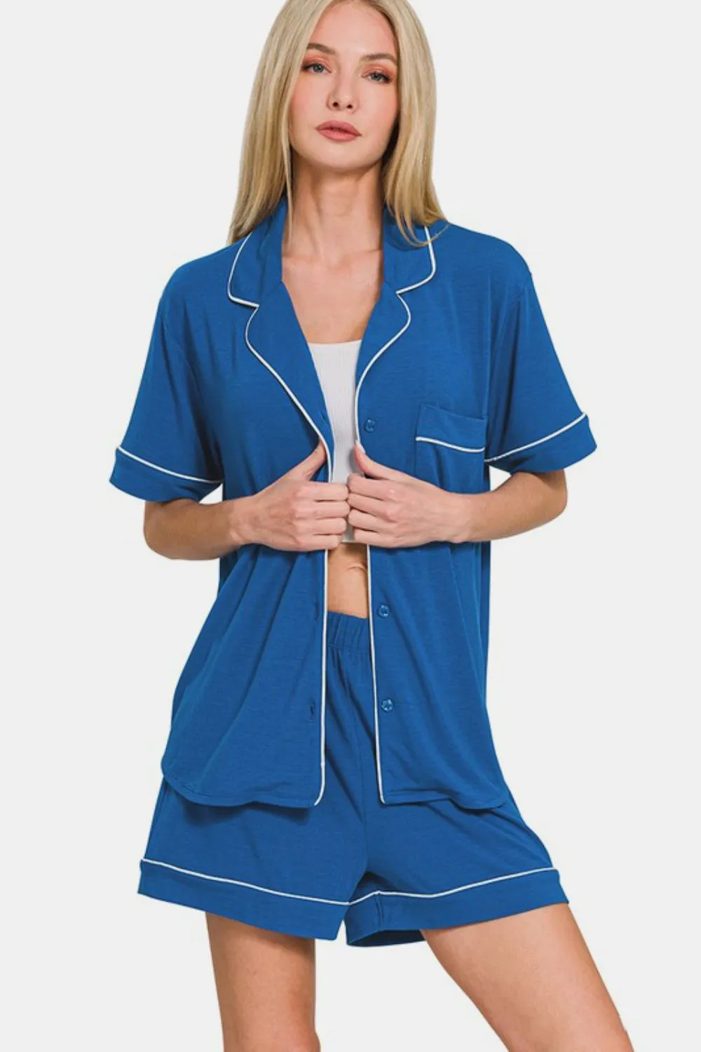 Zenana Classic Blue  Button Down Short Sleeve Top and Shorts Lounge Set
