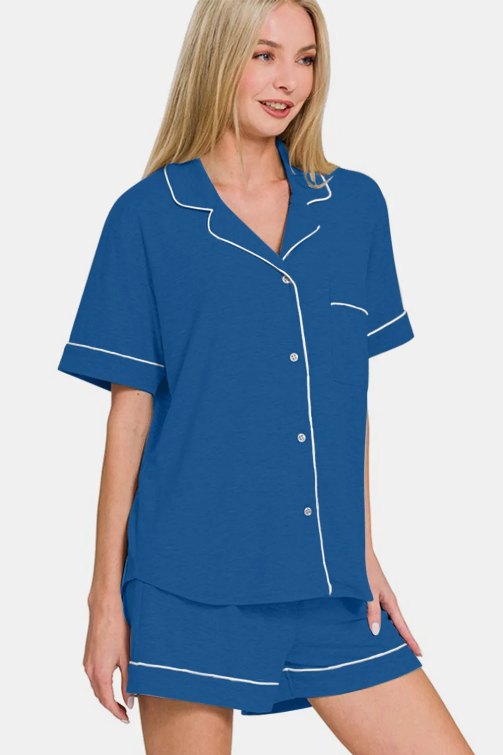 Zenana Classic Blue  Button Down Short Sleeve Top and Shorts Lounge Set