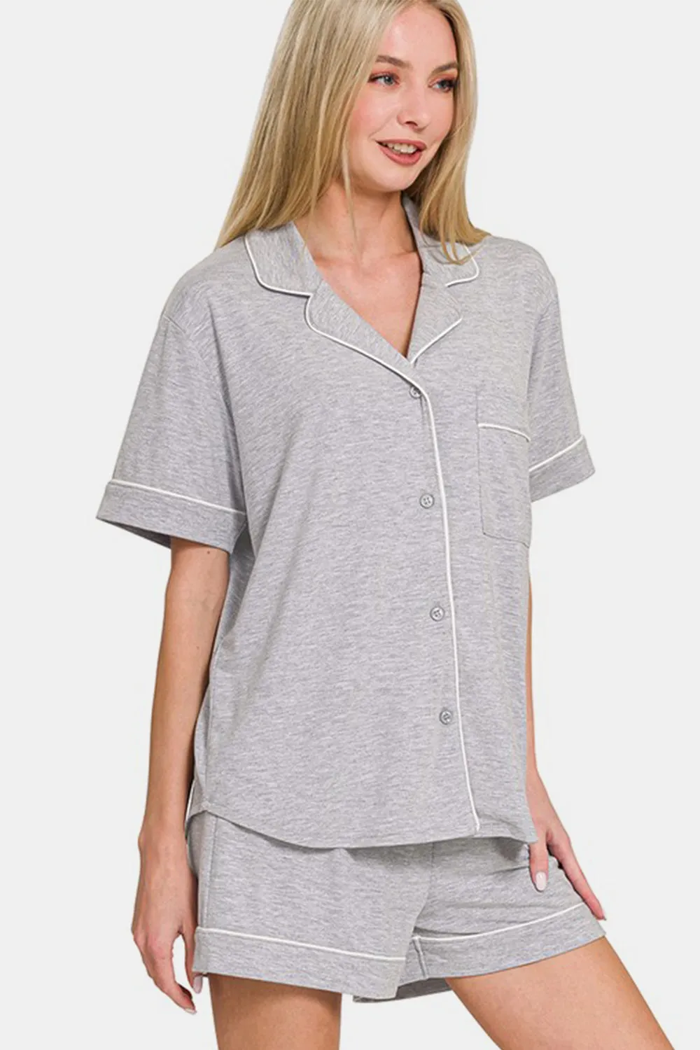 Zenana Light Grey Button Down Short Sleeve Top and Shorts Lounge Set