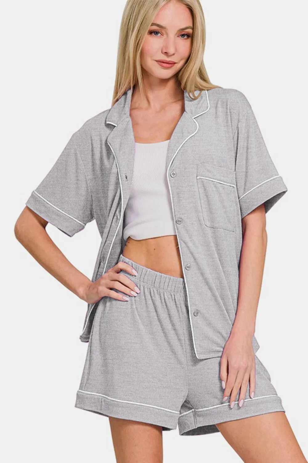 Zenana Light Grey Button Down Short Sleeve Top and Shorts Lounge Set