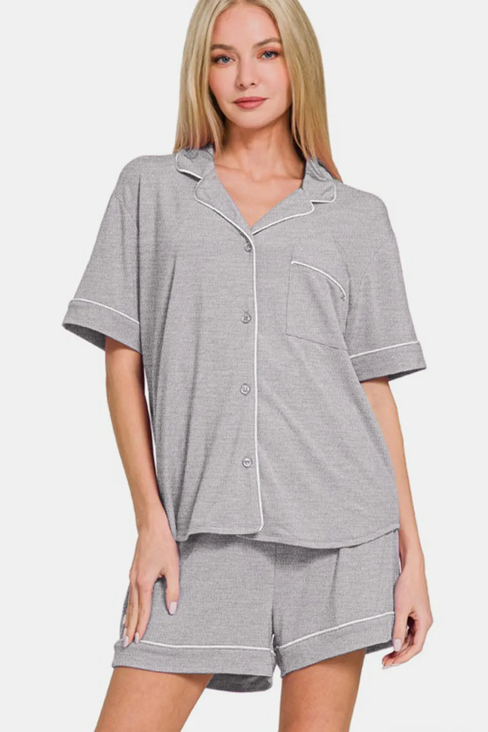 Zenana Light Grey Button Down Short Sleeve Top and Shorts Lounge Set