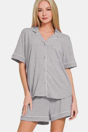 Zenana Light Grey Button Down Short Sleeve Top and Shorts Lounge Set